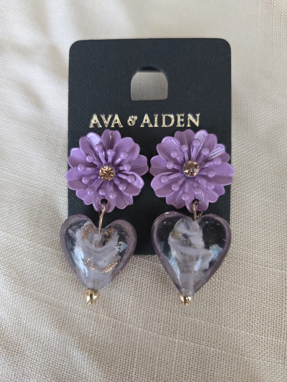 Ava & Aiden Purple Floral Studs with Glass Heart Drops